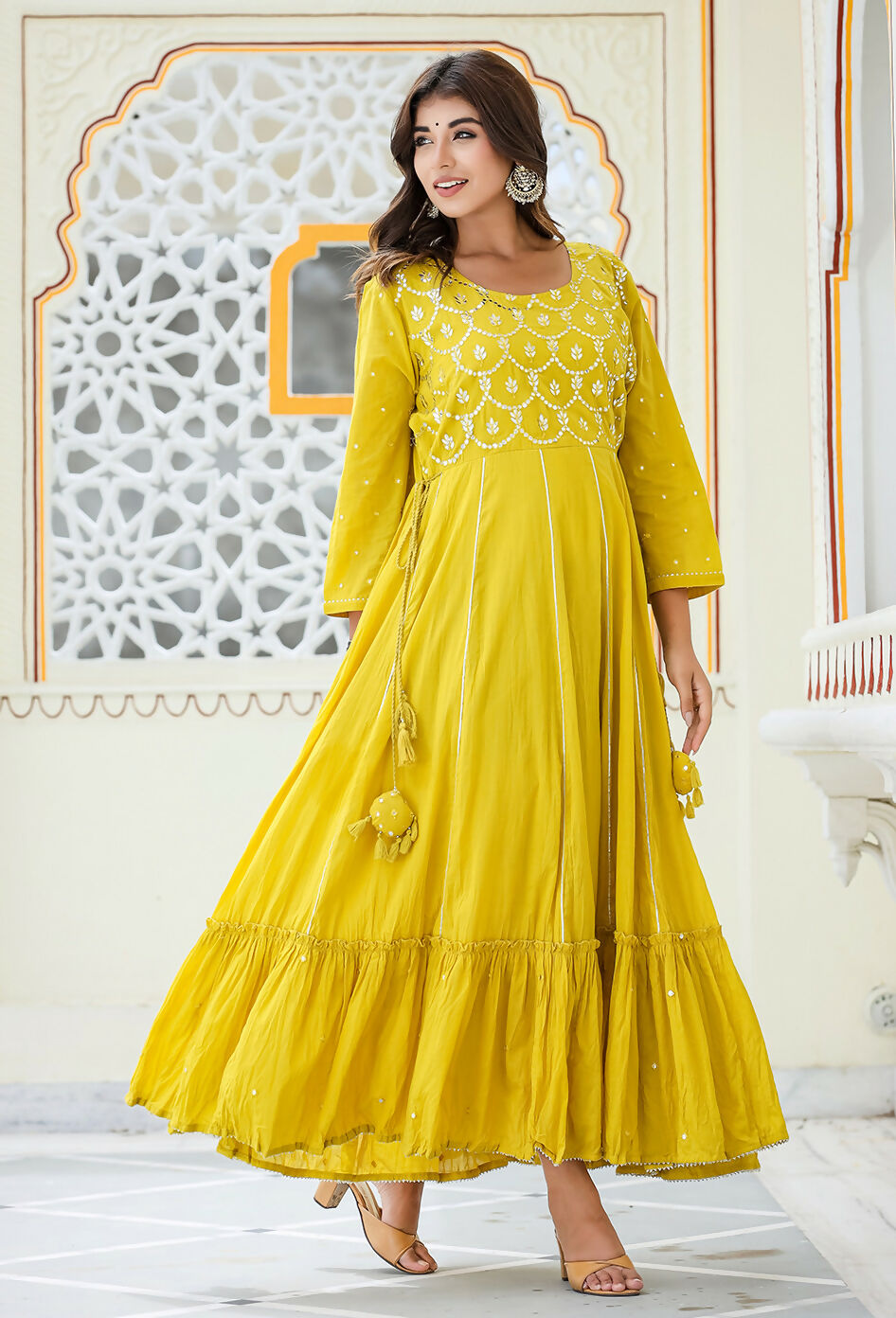 Kaajh Women's Yellow Embroidered Ethnic Gown - Distacart