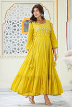 Thumbnail for Kaajh Women's Yellow Embroidered Ethnic Gown - Distacart