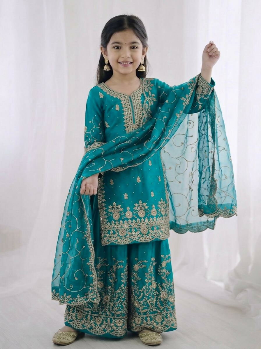 Teeya Creation Girls Heavy Embroidery Ethnic Kurta And Palazzo Set With Net Dupatta - Dista