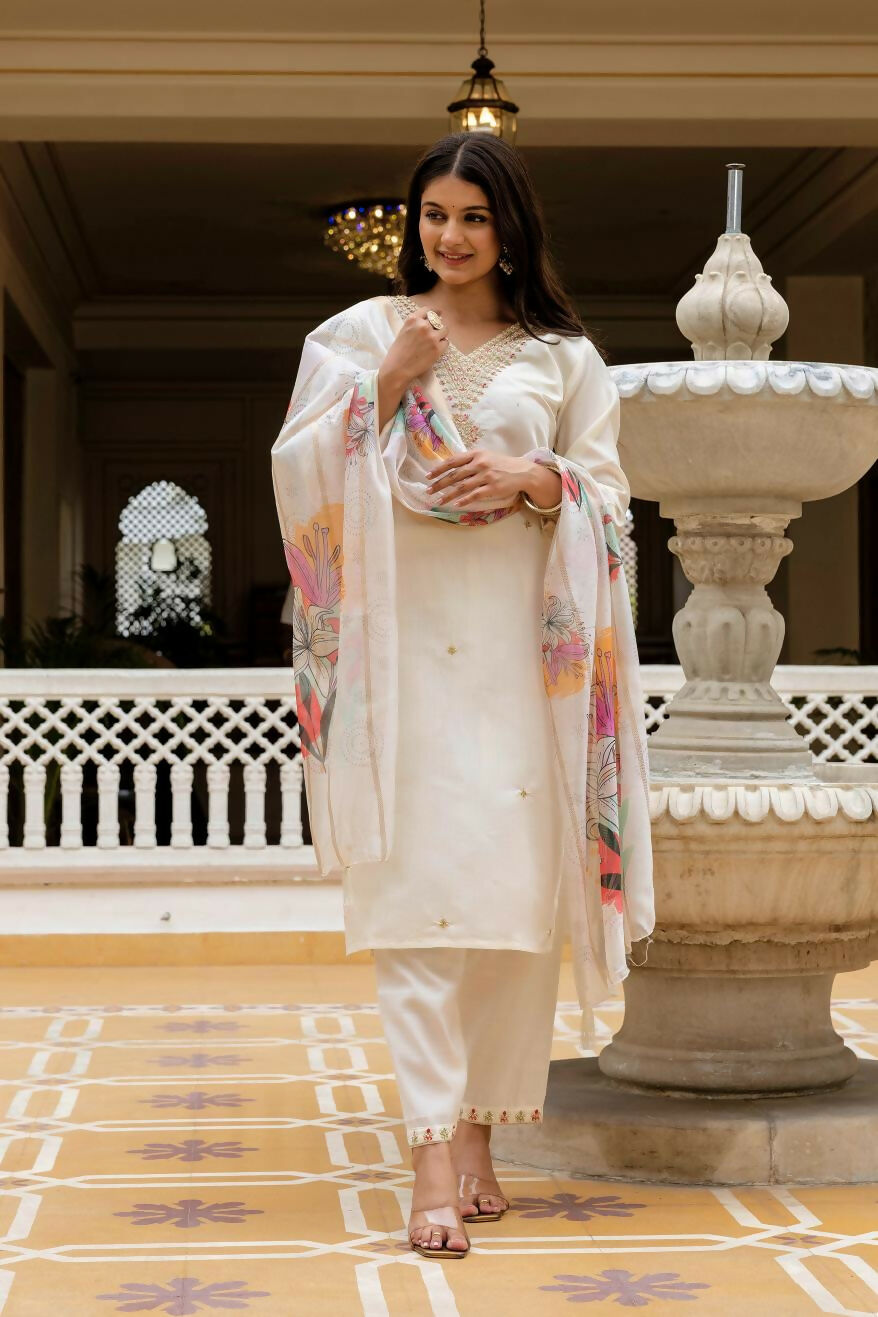 The52 White Women's Beautiful Viscose Chanderi Fabric Embroidered Work Straight Kurta Pant and Dupatta Set - Distacart