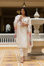 Thumbnail for The52 White Women's Beautiful Viscose Chanderi Fabric Embroidered Work Straight Kurta Pant and Dupatta Set - Distacart