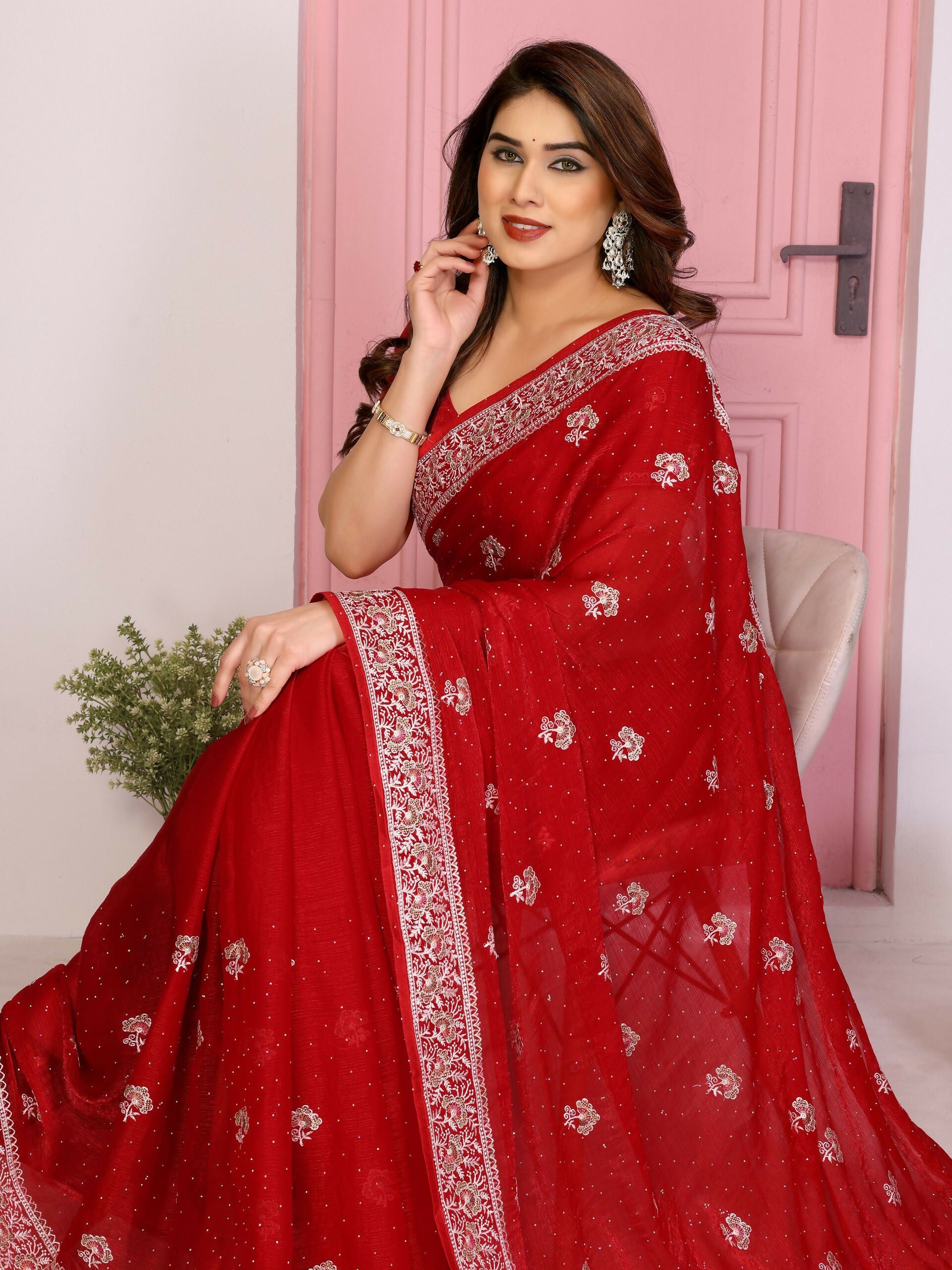 Teeya Creation New Womens Latest Party Wear Soft Chiffon Silk Saree-Red - Dista