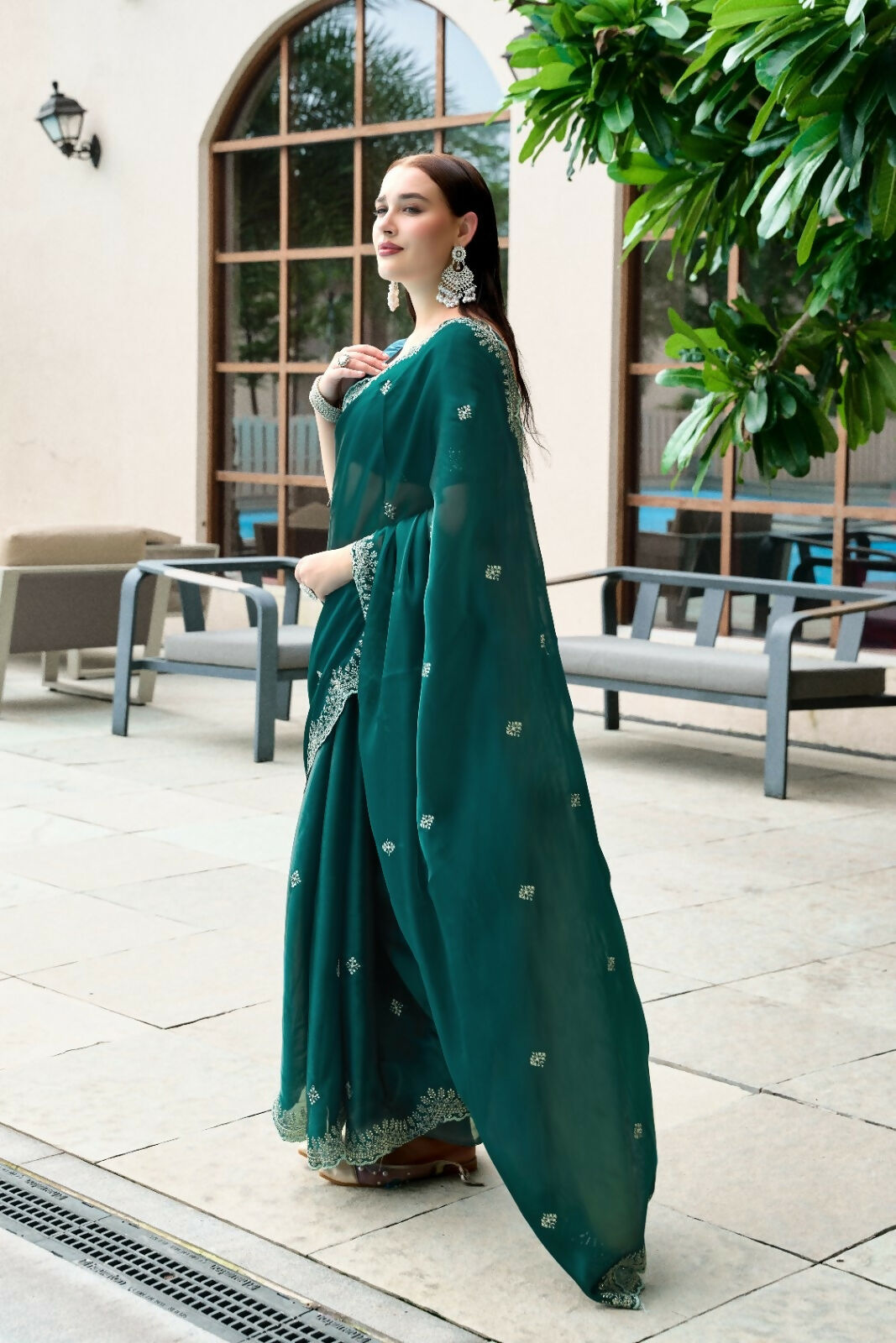 Vastranavya Rama Embroidery Work Shimmer Chiffon Saree with Unstitched Blouse