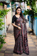 Thumbnail for Black Cotton Blend Ajrak Saree with Unstitched Blouse - Hiral Fashion - Distacart