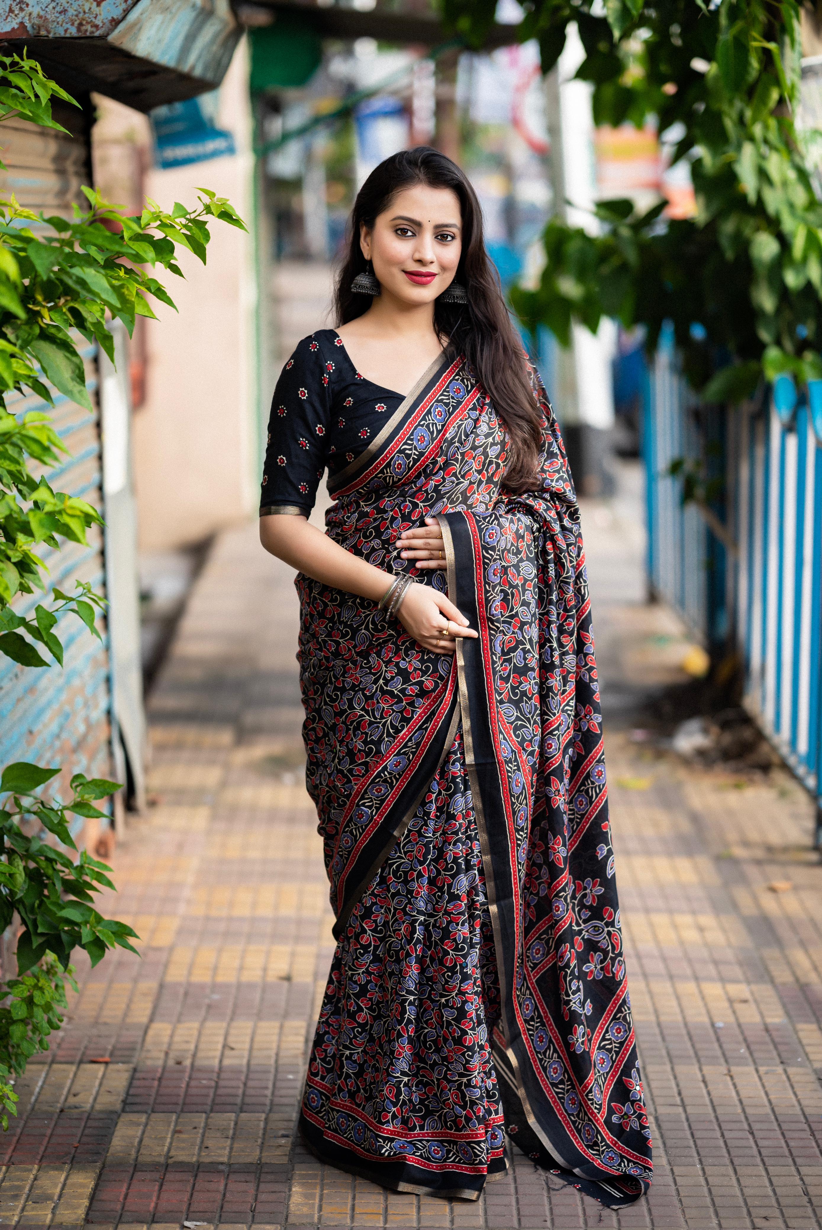 Black Cotton Blend Ajrak Saree with Unstitched Blouse - A2M - Distacart
