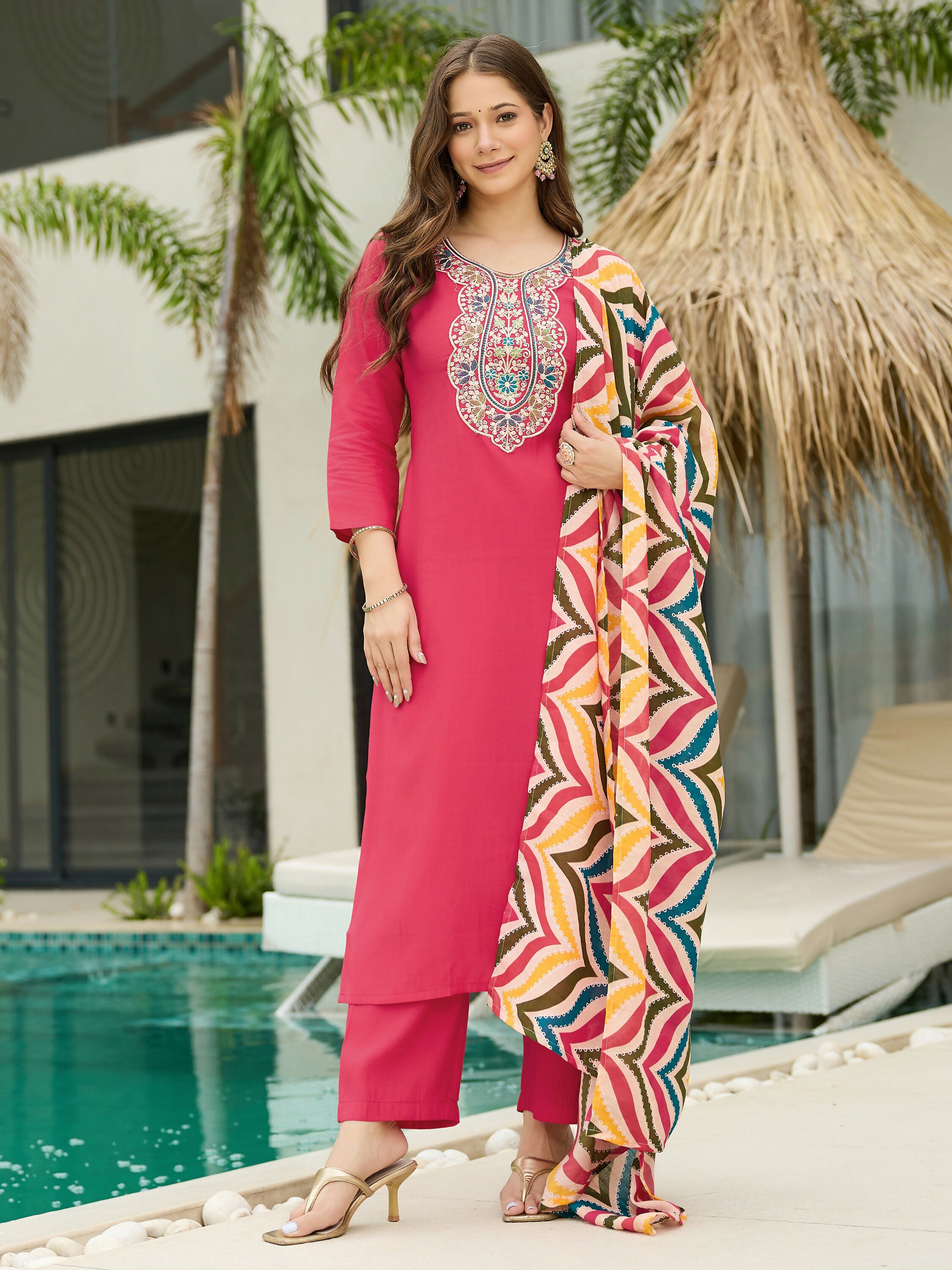 The52 Women's Beautiful Rayon Fabric Embroidery Work Straight Kurta Pant and Dupatta Set - Distacart