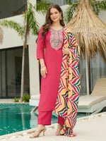 Thumbnail for The52 Women's Beautiful Rayon Fabric Embroidery Work Straight Kurta Pant and Dupatta Set - Distacart