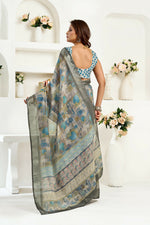 Thumbnail for Joban Fashion  Dusty Brown Floral & Ethnic Motifs Linen Ready To Wear Saree With Unstitched Blouse - Distacart