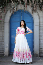 Thumbnail for Jyoti Fashion Women's White Floral Digital Printed Chinon Anarkali Dress - Distacart