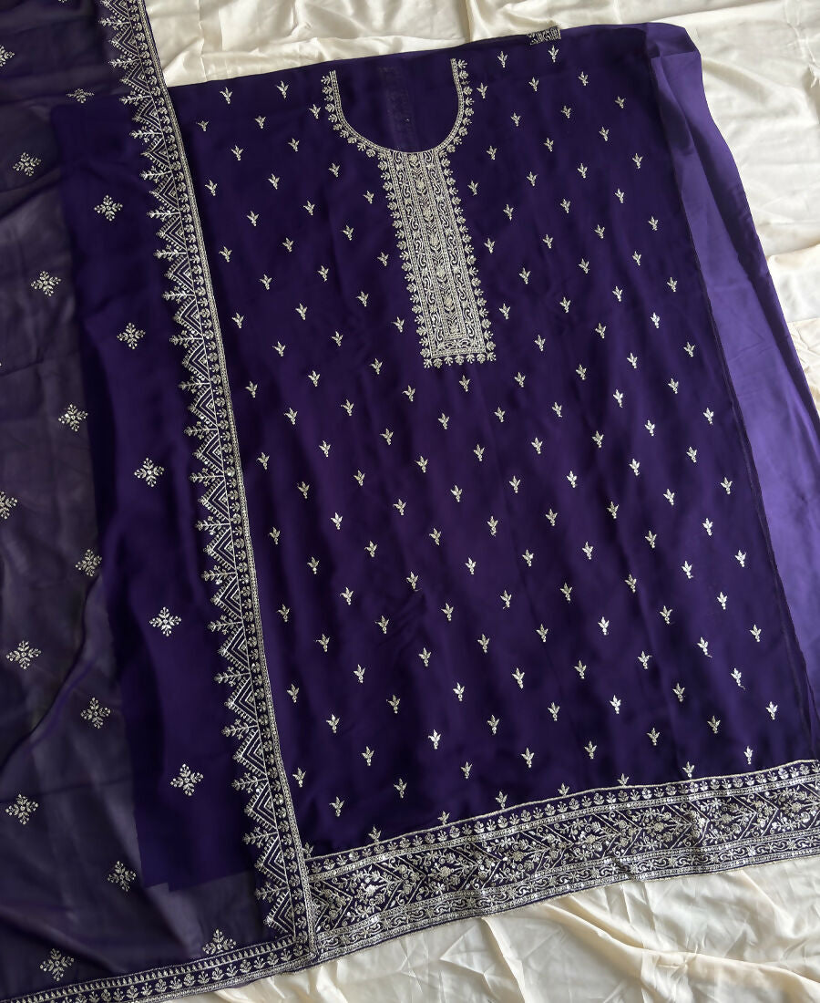 KC Purple Georgette Straight Suit With Heavy Embroidery - Dista