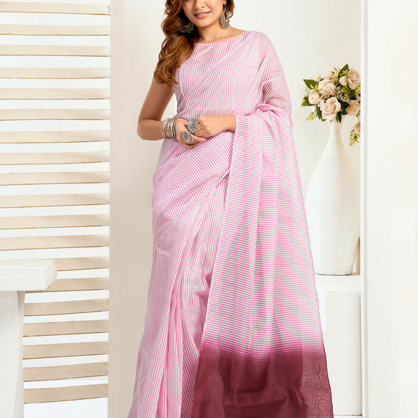 Joban Fashion Light Pink  Striped Linen Ready To Wear Saree With Unstitched Blouse - Distacart