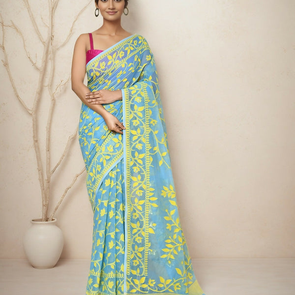 Joban Fashion Sky Blue Cotton Blend Jamdani Saree
