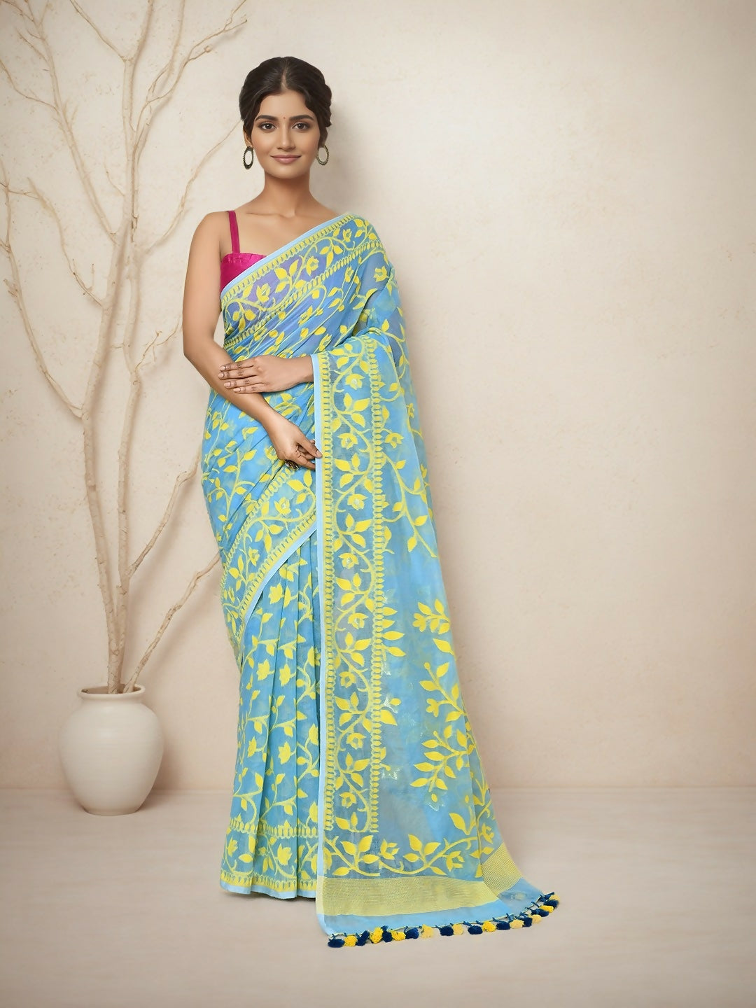 Joban Fashion Sky Blue Cotton Blend Jamdani Saree - Dista