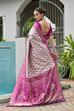 Thumbnail for Vishnu Weaves Women's Magenta Banarasi Silk Patola Zari Woven Saree with Blouse