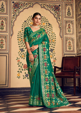 Monjolika Fashion Teal Silk Blend Banarasi Zari Work Classic Saree