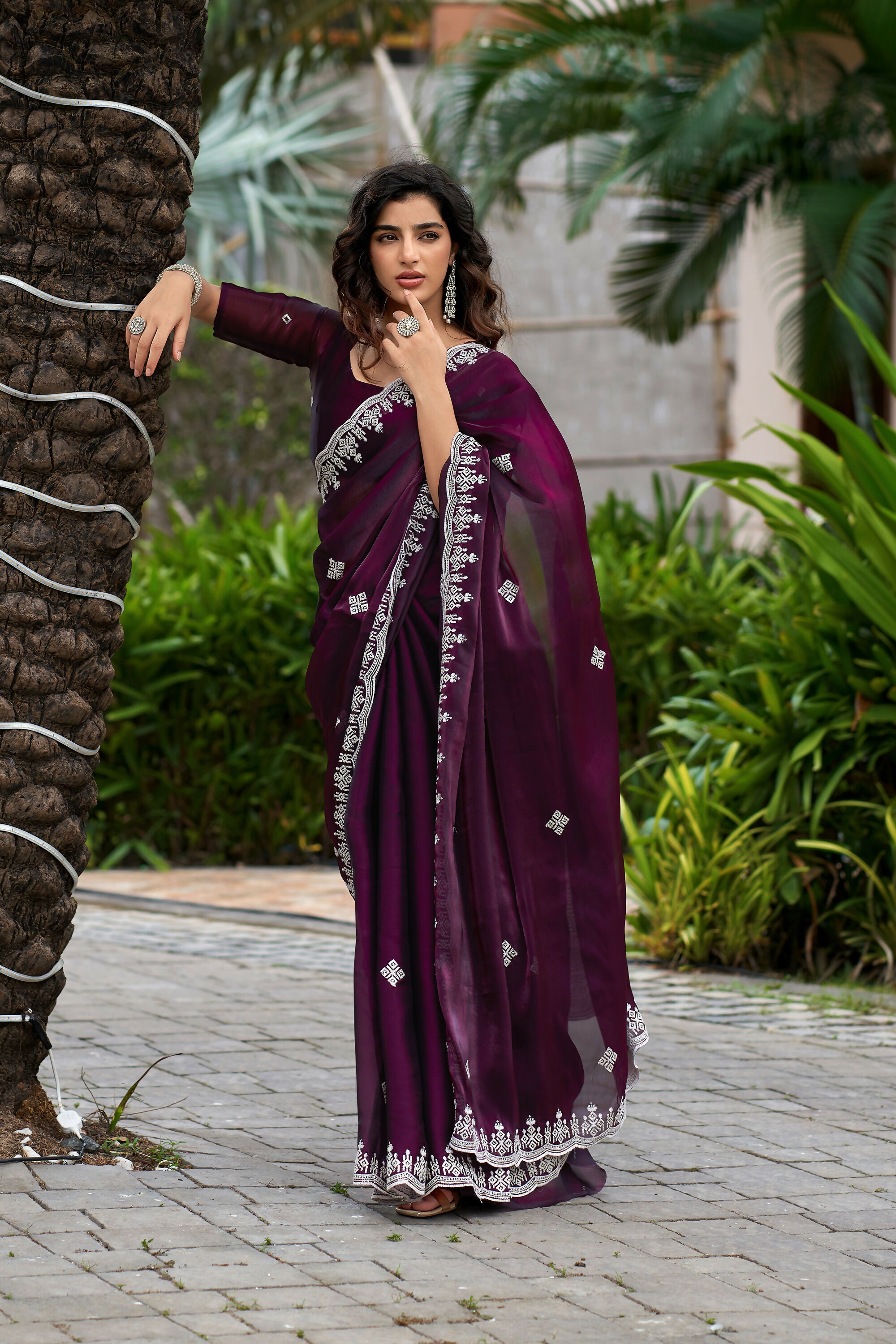 Vastranavya Wine Embroidery Work Shimmer Chiffon Saree with Unstitched Blouse
