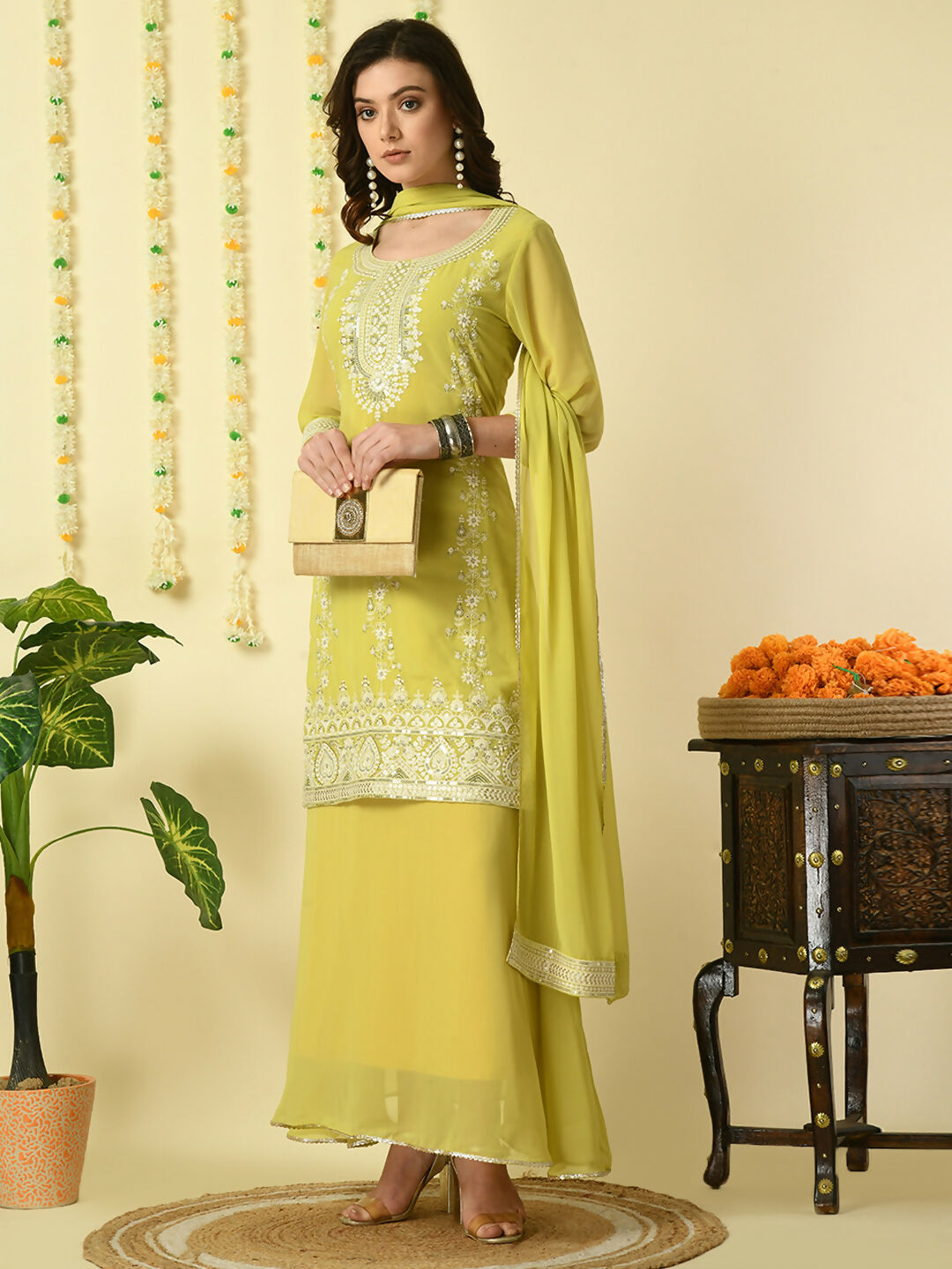 Myshka Women's Yellow Georgette Kurta & Skirt With Dupatta Party Sets - Distacart