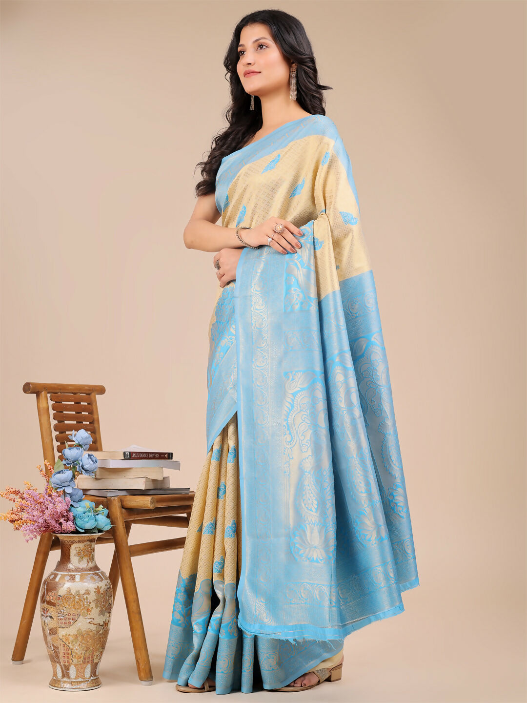 Astita Banarasi Silk Cream & Sky Blue Saree
