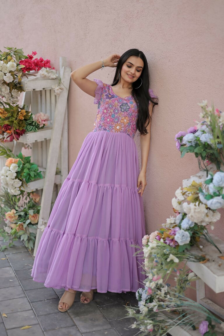 Jyoti Fashion Women's Purple Printed with Sequins Faux Georgette Anarkali Dress - Distacart