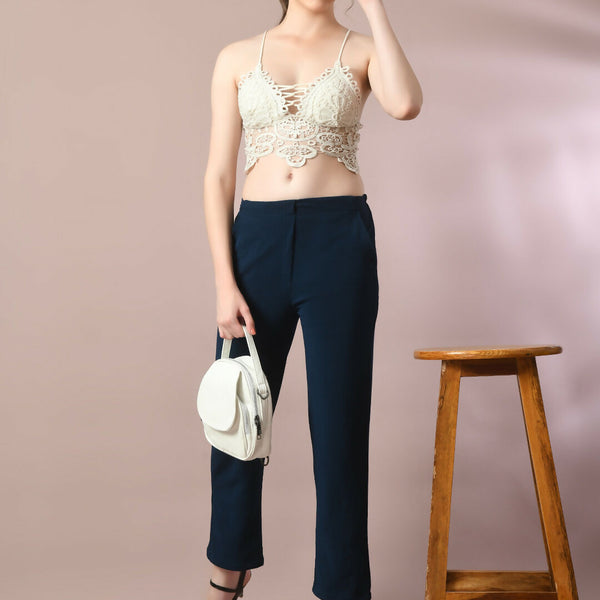 Myshka Women'sNavy Blue Solid Party straight Trousers - Distacart