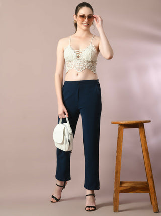 Myshka Women'sNavy Blue Solid Party straight Trousers - Distacart