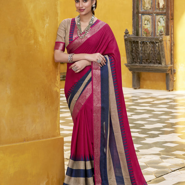 Vastranavya Pink Printed with Zari Weaving Work Poly Cotton Saree & Unstitched Blouse - Distacart
