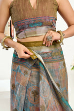 Thumbnail for Joban Fashion Dusty Green Floral & Ethnic Motifs Linen Ready To Wear Saree With Unstitched Blouse - Distacart