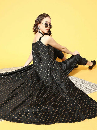 Ahalyaa Women Black Colour Poly Silk Gold Printed Kurta Pant Set - Distacart