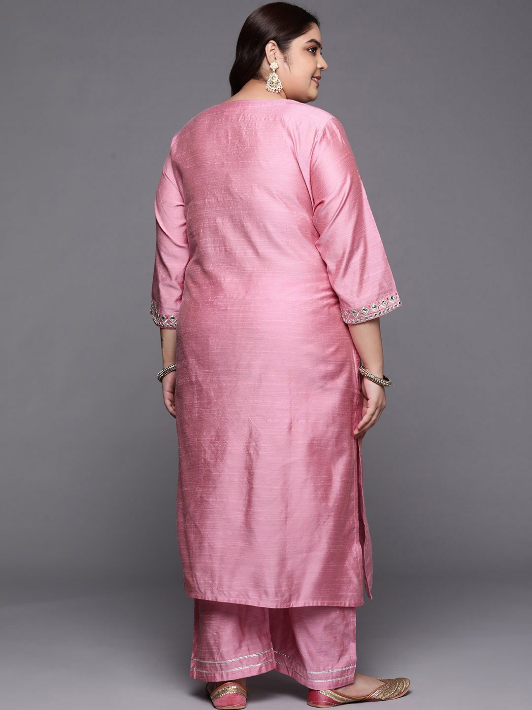 Sztori Plus Size Geometric Embroidered Mirror Work Straight Kurta with Trousers - Distacart