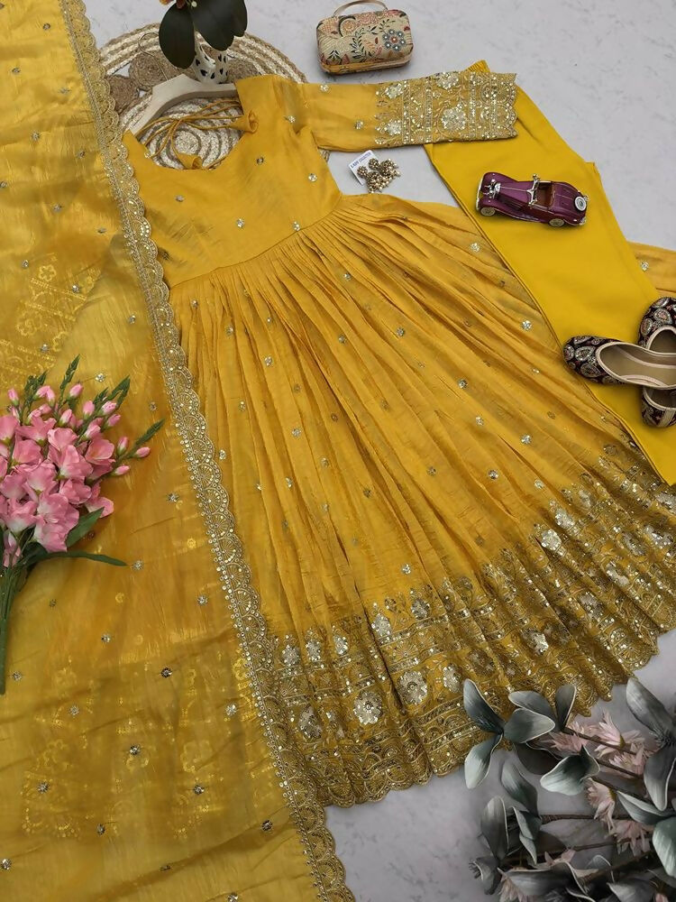 Teeya Creation Elegant Mustard Yellow Solid Silk Anarkali Suit with Dupatta - Dista