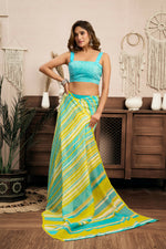 Thumbnail for Joban Fashion Yellow Striped (Leheriya) Linen Ready To Wear Saree With Unstitched Blouse - Distacart