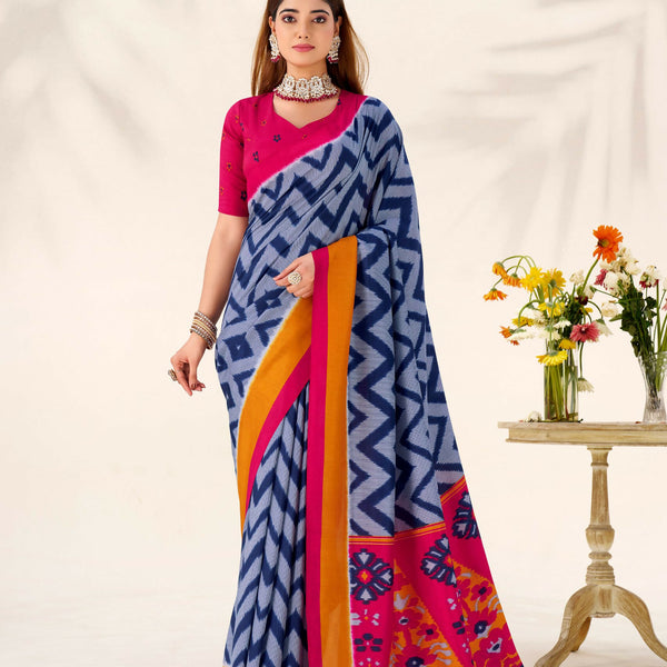 Vastranavya Blue Tussar Silk Zigzag Waves Printed Saree with Unstitched Blouse - Distacart