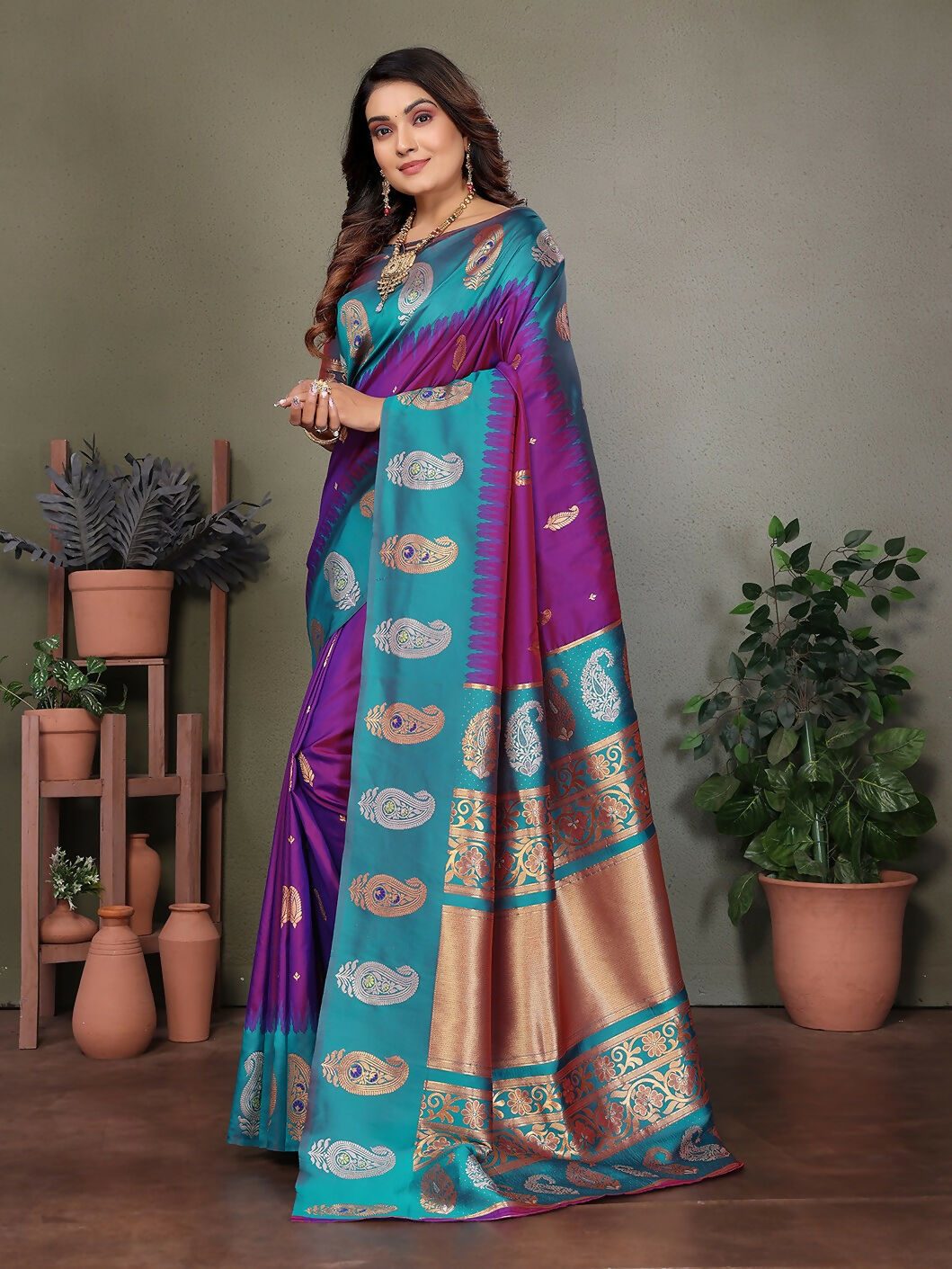 Joban Fashion Banarasi Purple Butti Soft Silk Saree
