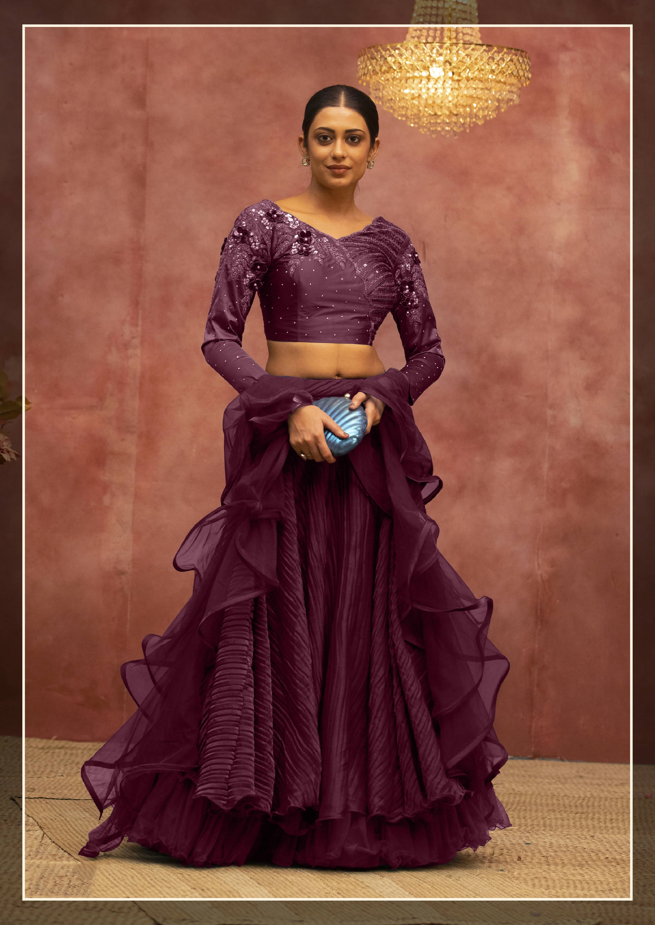 Wine Net, Fancy Lycra Semi-Stitched Bridal Lahenga - Nimaya Bonanza - Distacart