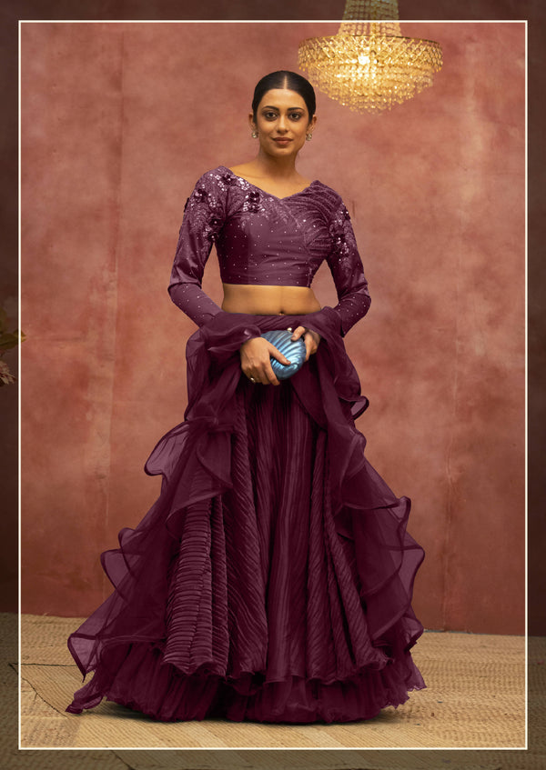 Wine Net, Fancy Lycra Semi-Stitched Bridal Lahenga - Nimaya Bonanza - Distacart