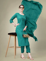Thumbnail for Jyoti Fashion Women's Teal Cotton Blend Embroidery & Sequence work Kurta with Trouser & Dupatta - Distacart