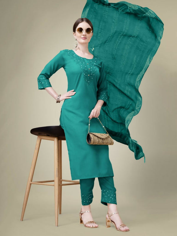 Jyoti Fashion Women's Teal Cotton Blend Embroidery & Sequence work Kurta with Trouser & Dupatta - Distacart