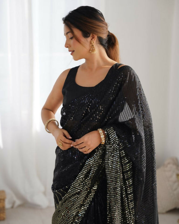 Georgette heavy embroidery Work Saree  Black 1134