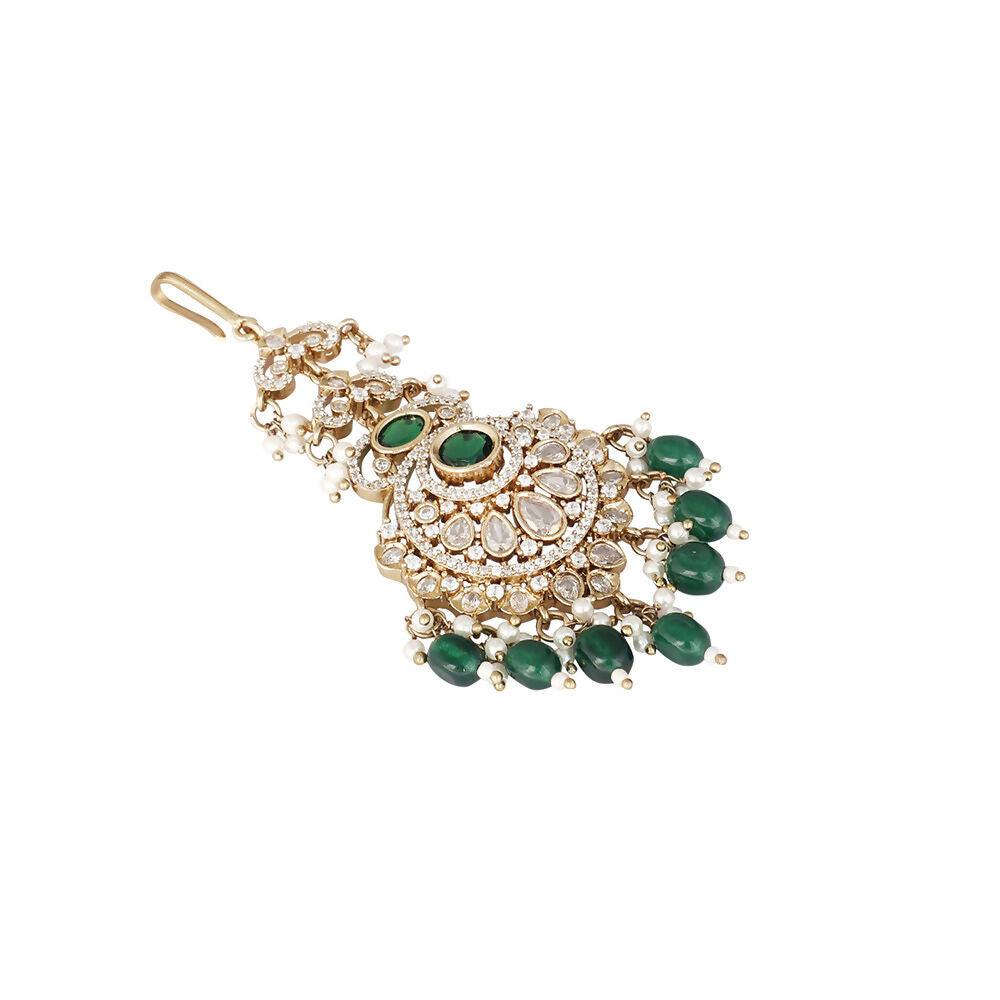 Nuyug 18K Gold Plated Ethereal Green Stone Maang Tikka