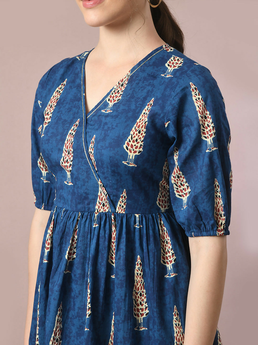 Myshka Women's Blue Printed Cotton V-Neck Empire Party Dress - Distacart