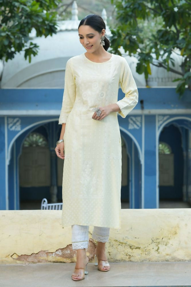 Juniper Light Yellow Ethnic Motif Printed Rayon Kurta With Lace Work - Distacart