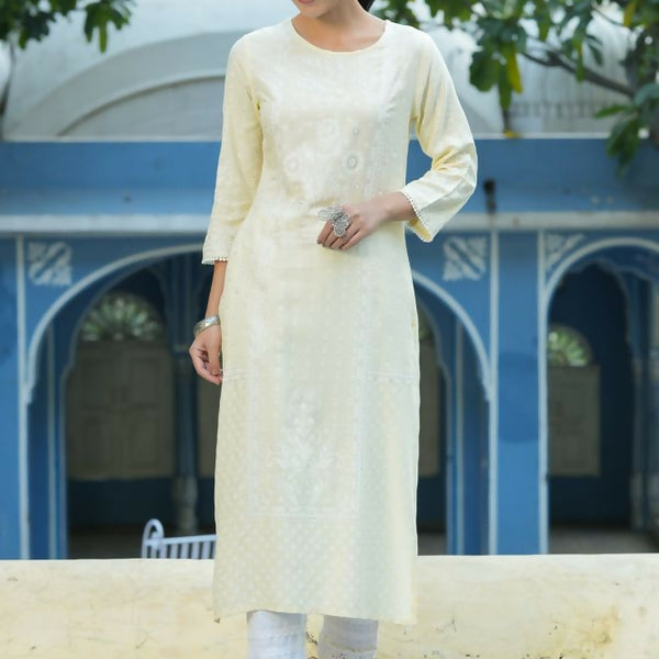 Juniper Light Yellow Ethnic Motif Printed Rayon Kurta With Lace Work - Distacart