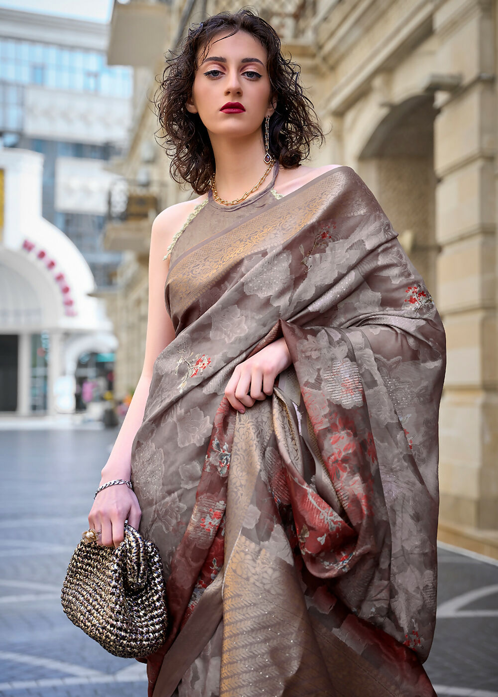 Lovely Brown & Grey Polly Brasso Designer Saree - Emponline - Distacart