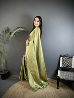 Thumbnail for Joban Fashion Sage Green Floral Motifs & Ethnic Design Soft Satin Silk Kanchipuram Saree - Distacart