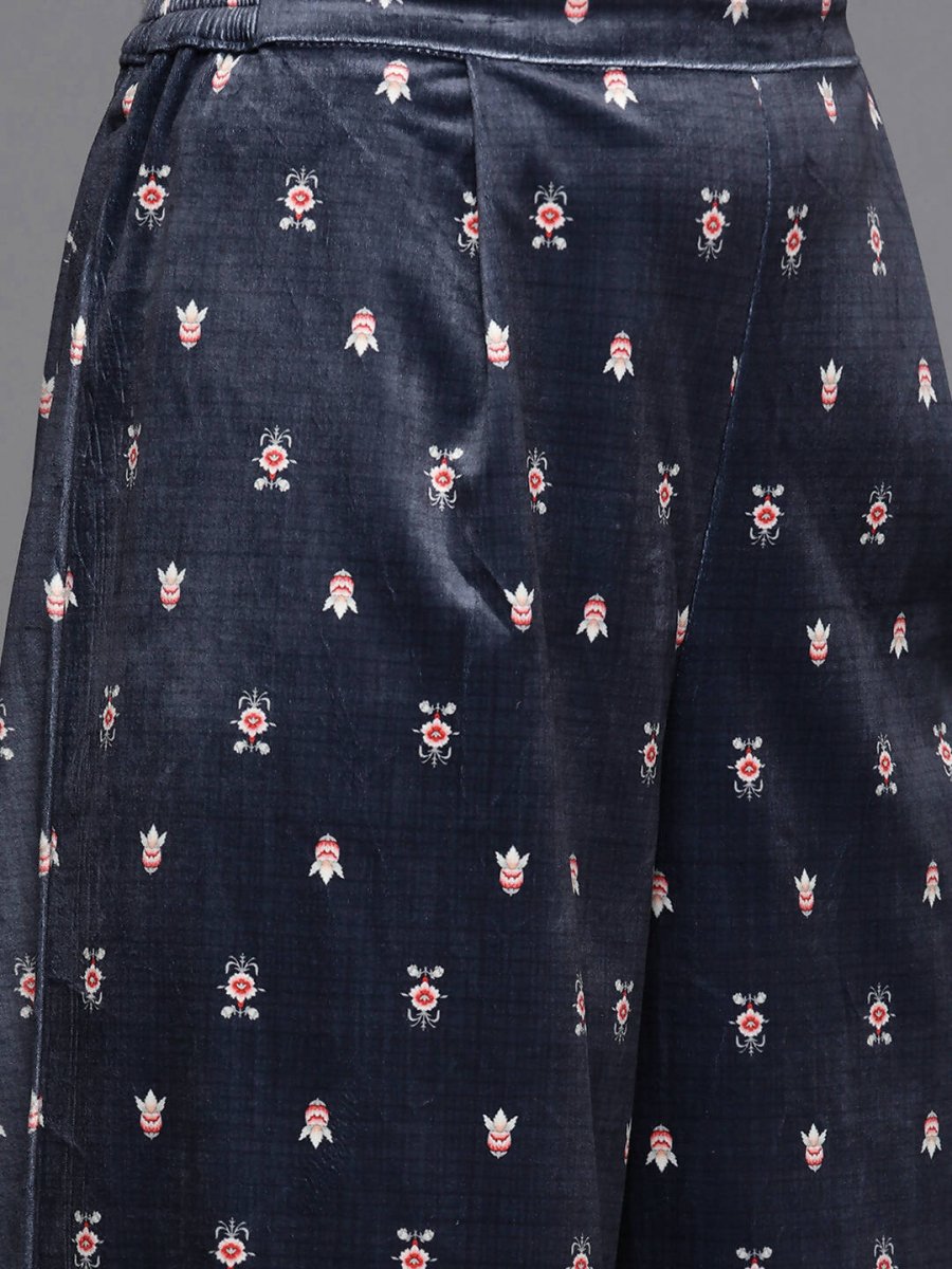 Ahalyaa Women Navy Blue Ethnic Motifs Printed Gotta Patti Velvet Kurta with Palazzos - Distacart