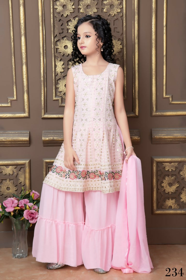 Kids Wedding Designer Pink Faux Georgette Sharara Suit - Aaradhna - Distacart