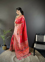 Thumbnail for Joban Fashion Peach Elephant & Floral Motifs Soft Lichi Silk Banarasi Saree - Distacart