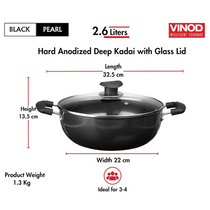 Vinod Black Pearl Hard Anodised Non Stick Deep Kadhai with Glass Lid - Dista
