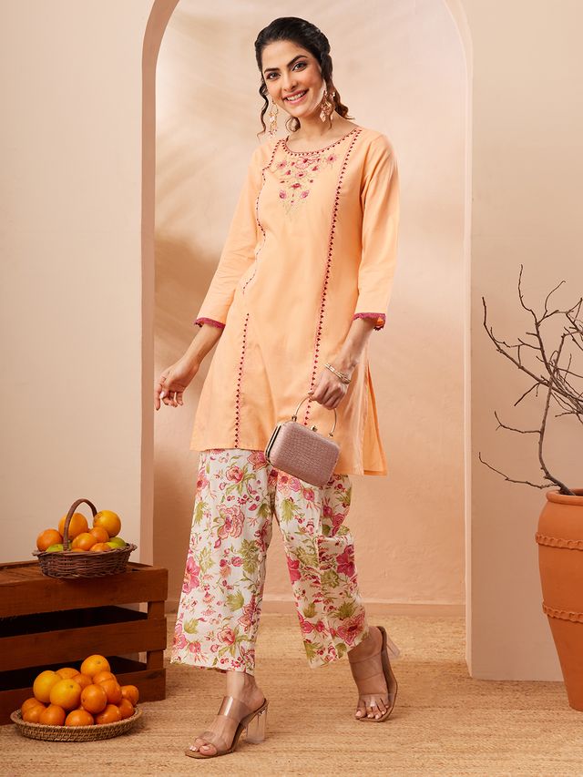Janasya Peach Straight Cotton Co-Ords - Dista