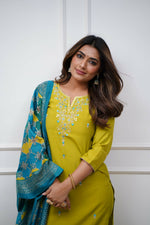 Thumbnail for The52 Lemon Beautiful Embroidered Viscose Chanderi Fabric Straight Kurta Pant with Dupatta Set - Distacart